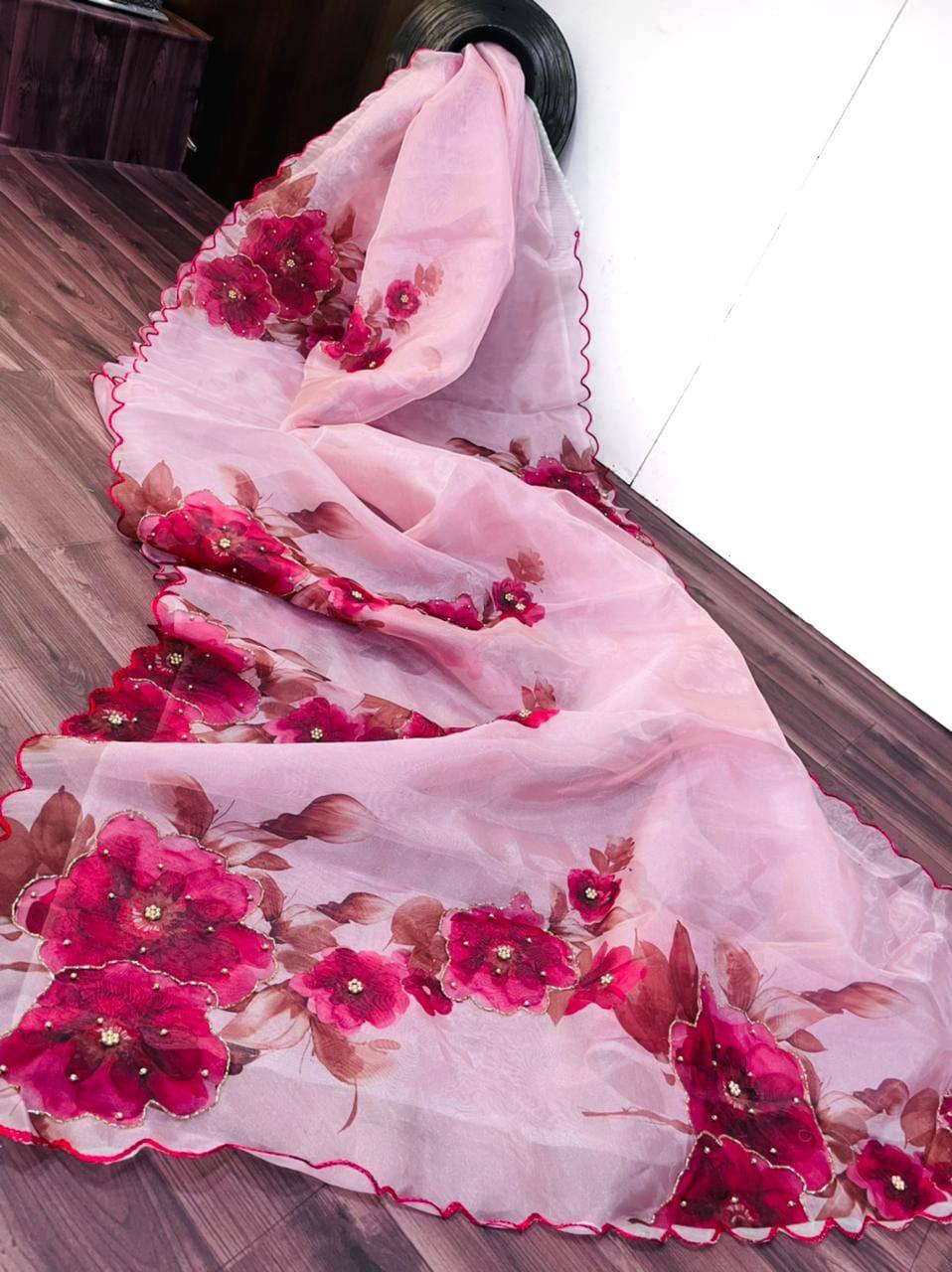 "Exquisite Handcrafted Organza Saree with Digital Print and Khatli Work"