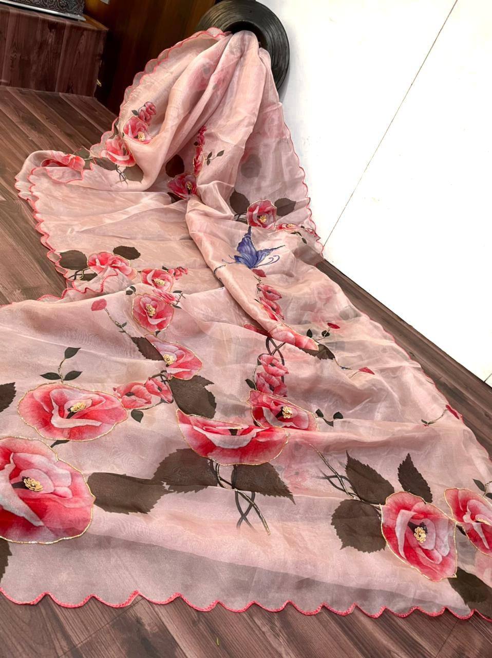 "Exquisite Handcrafted Organza Saree with Digital Print and Khatli Work"