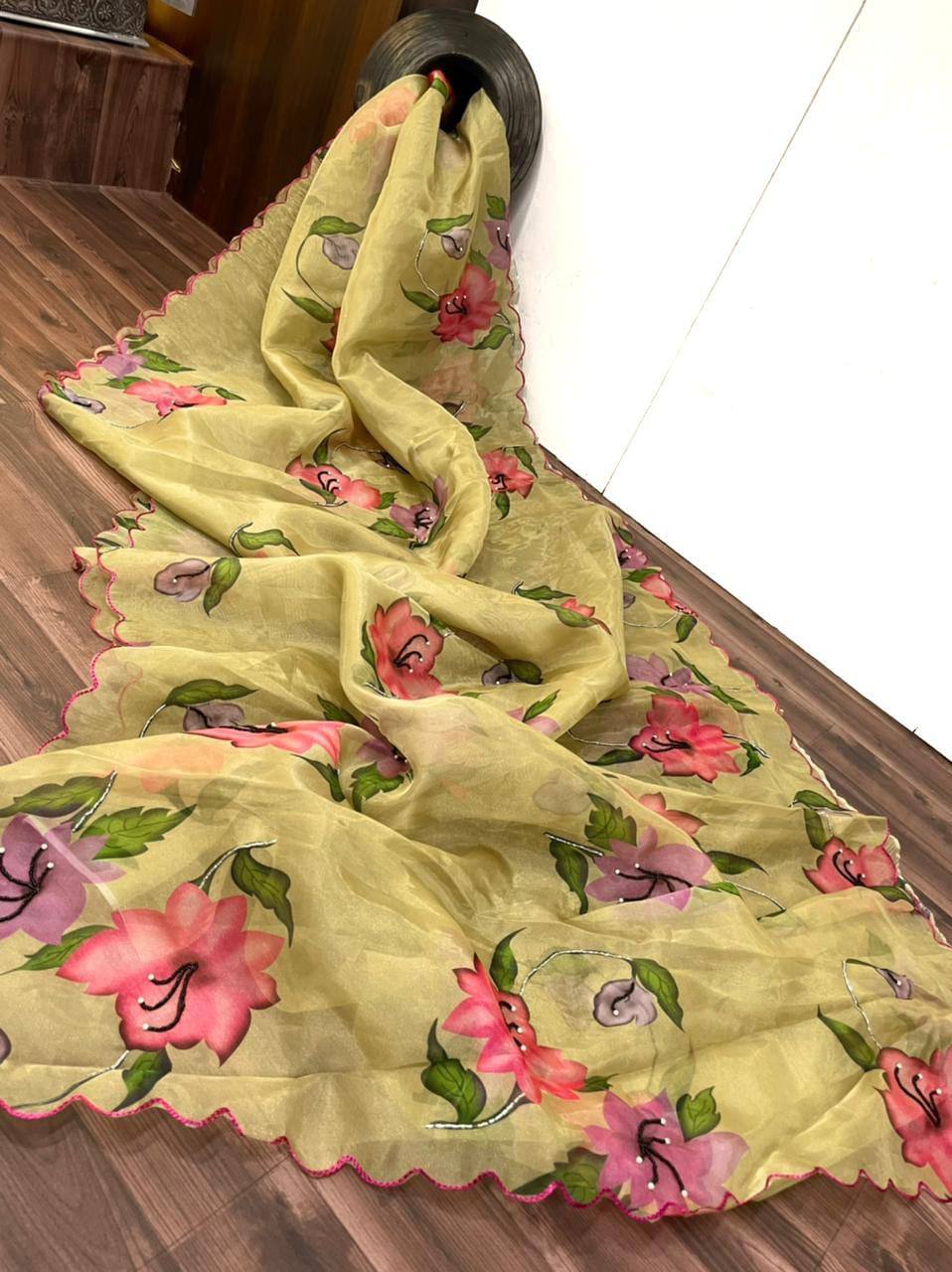 "Exquisite Handcrafted Organza Saree with Digital Print and Khatli Work"