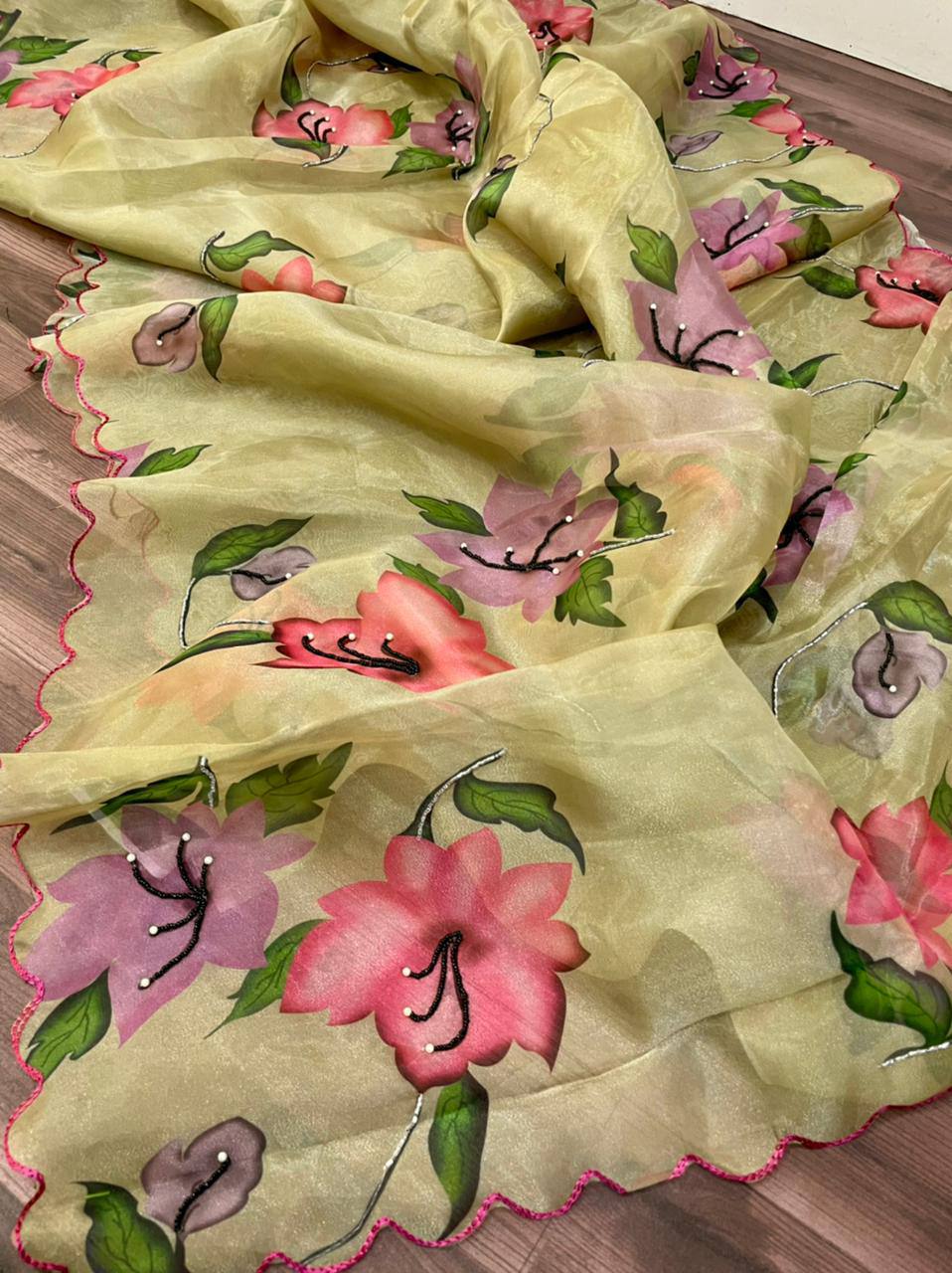 "Exquisite Handcrafted Organza Saree with Digital Print and Khatli Work"