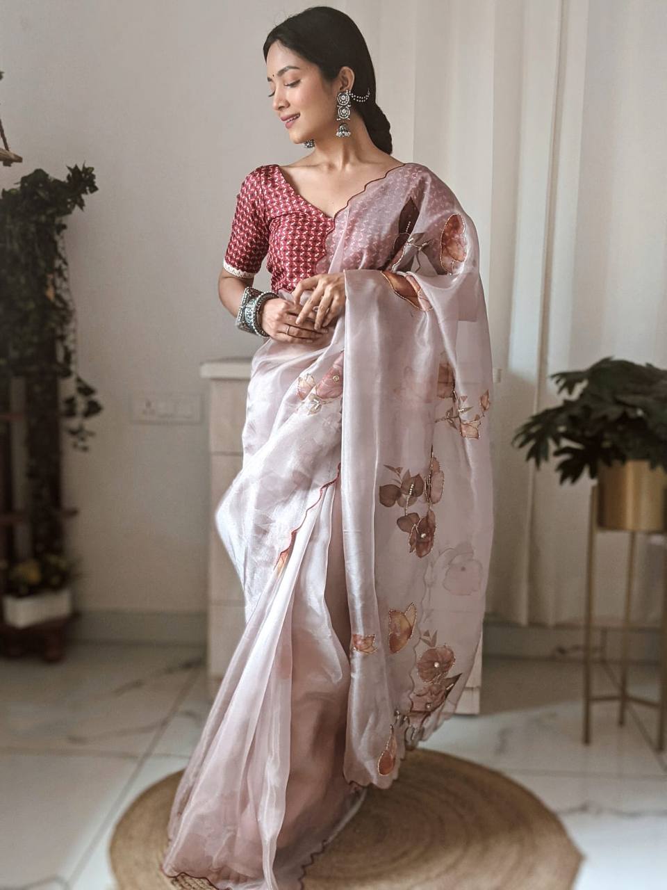 "Exquisite Handcrafted Organza Saree with Digital Print and Khatli Work"