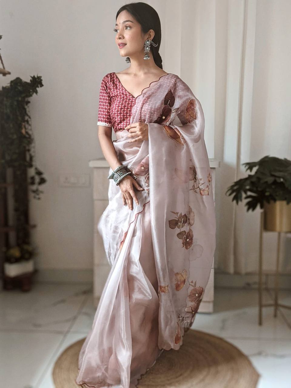 "Exquisite Handcrafted Organza Saree with Digital Print and Khatli Work"