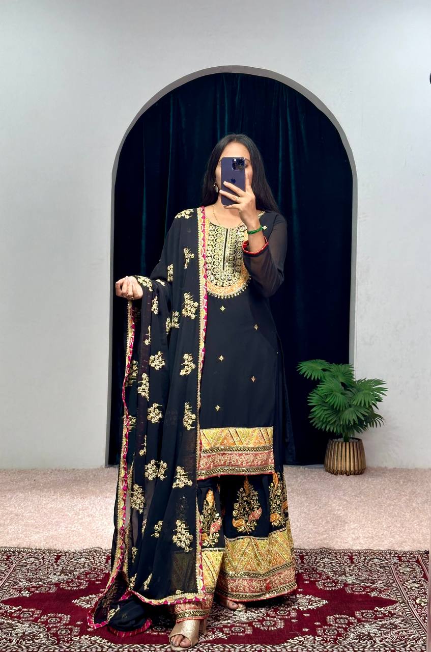 "Mirrored Elegance: Festival Special Faux Georgette Sharara Suit Set"