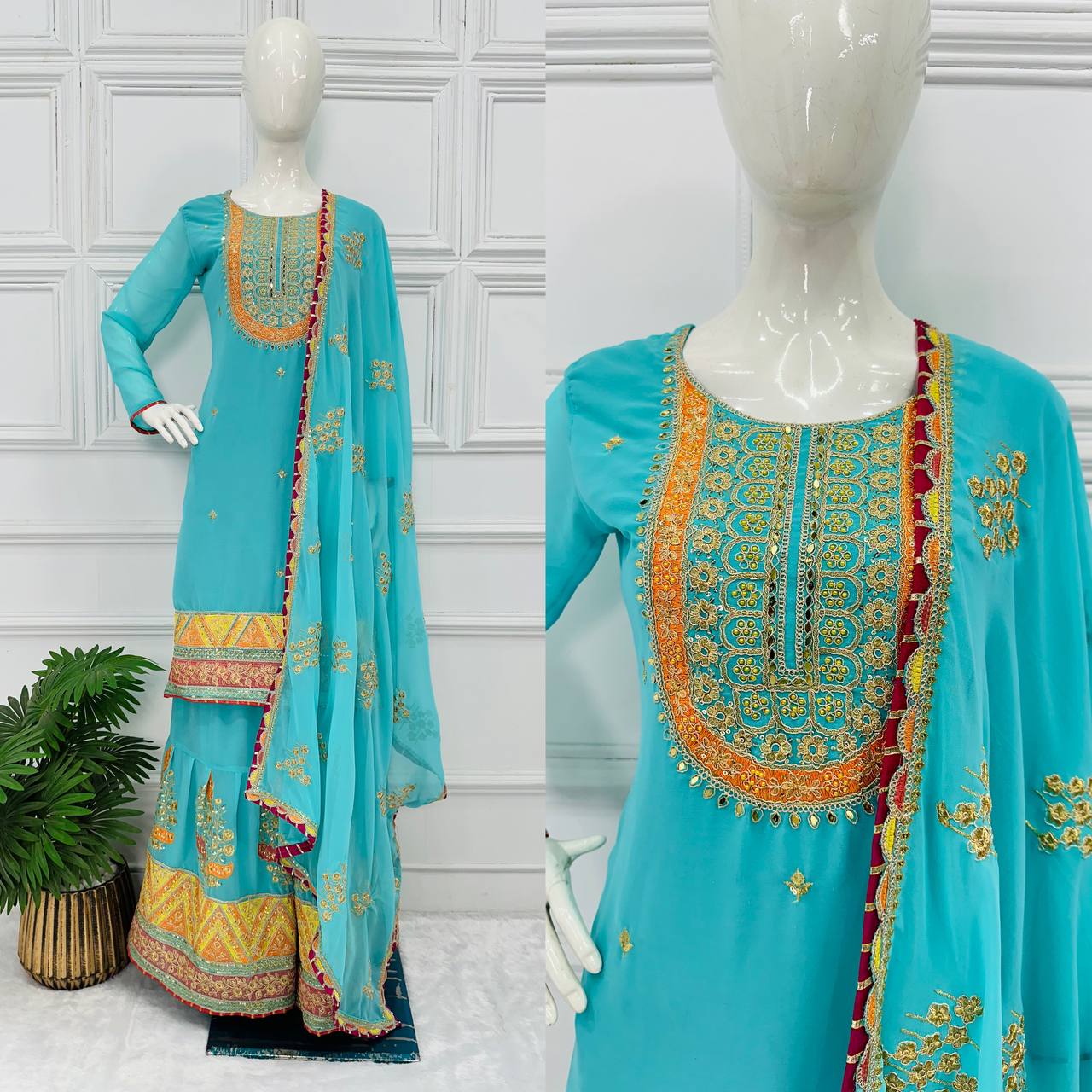 "Mirrored Elegance: Festival Special Faux Georgette Sharara Suit Set"