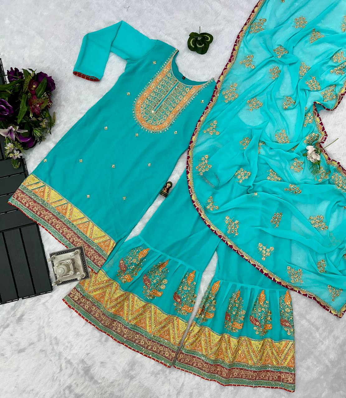 "Mirrored Elegance: Festival Special Faux Georgette Sharara Suit Set"