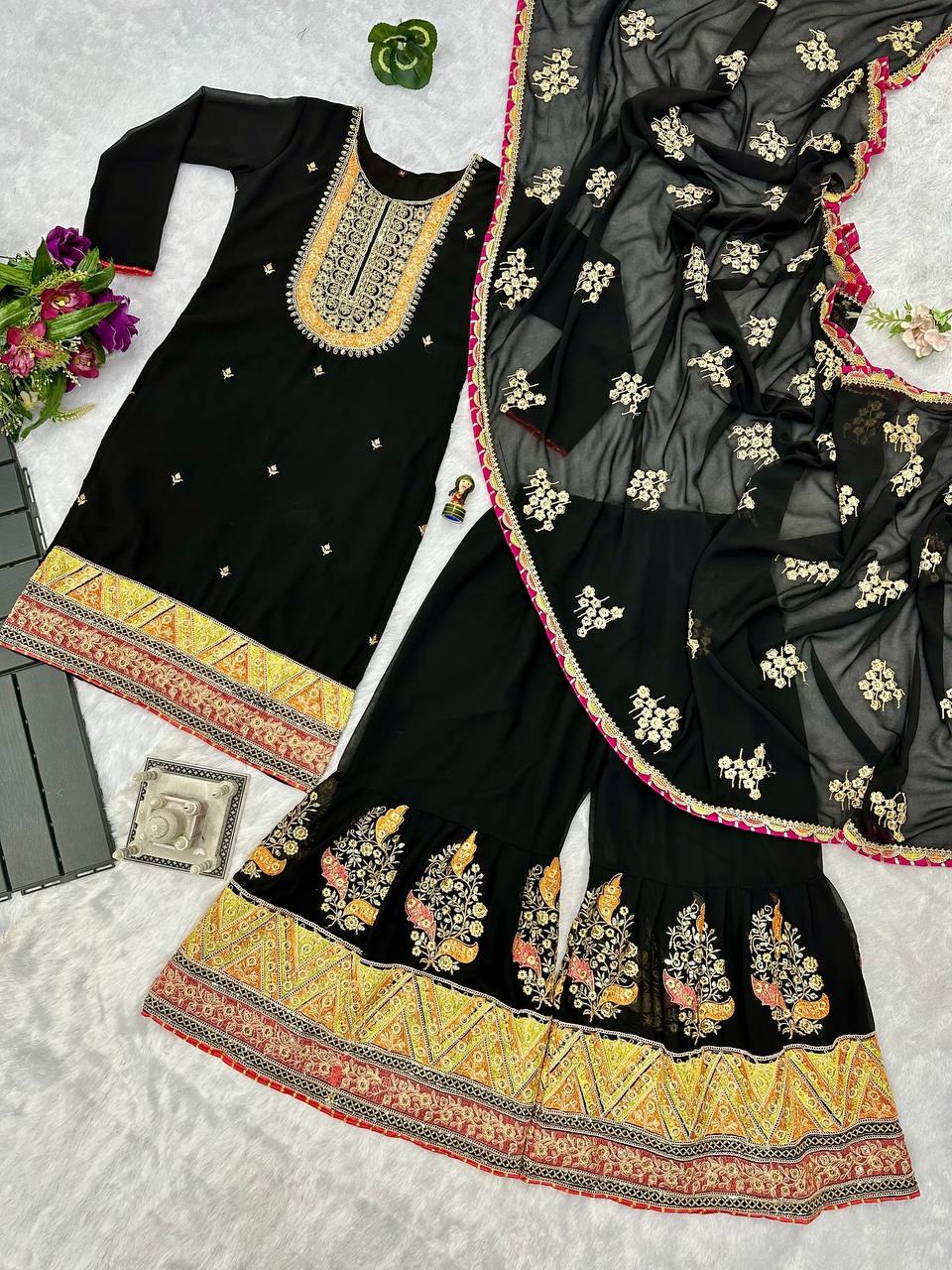 "Mirrored Elegance: Festival Special Faux Georgette Sharara Suit Set"