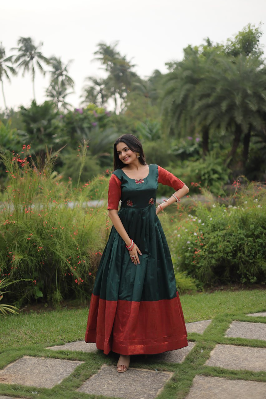 "Exquisite Banarasi Jacquard Silk Designer Gown - Adjustable Size, Half Sleeves, Round-Neck - Green & Maroon Options Available"