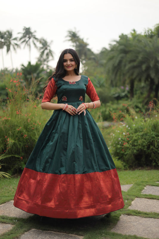 "Exquisite Banarasi Jacquard Silk Designer Gown - Adjustable Size, Half Sleeves, Round-Neck - Green & Maroon Options Available"