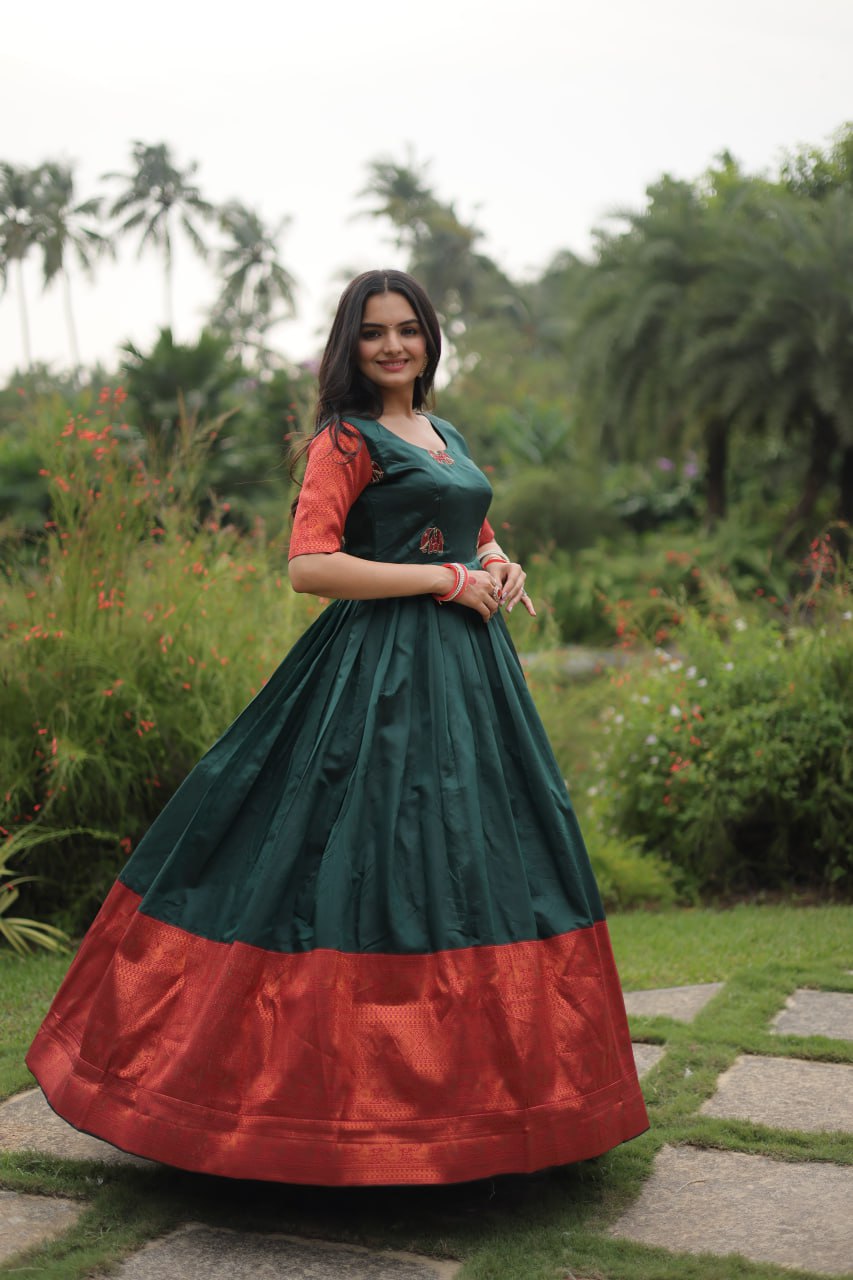 "Exquisite Banarasi Jacquard Silk Designer Gown - Adjustable Size, Half Sleeves, Round-Neck - Green & Maroon Options Available"