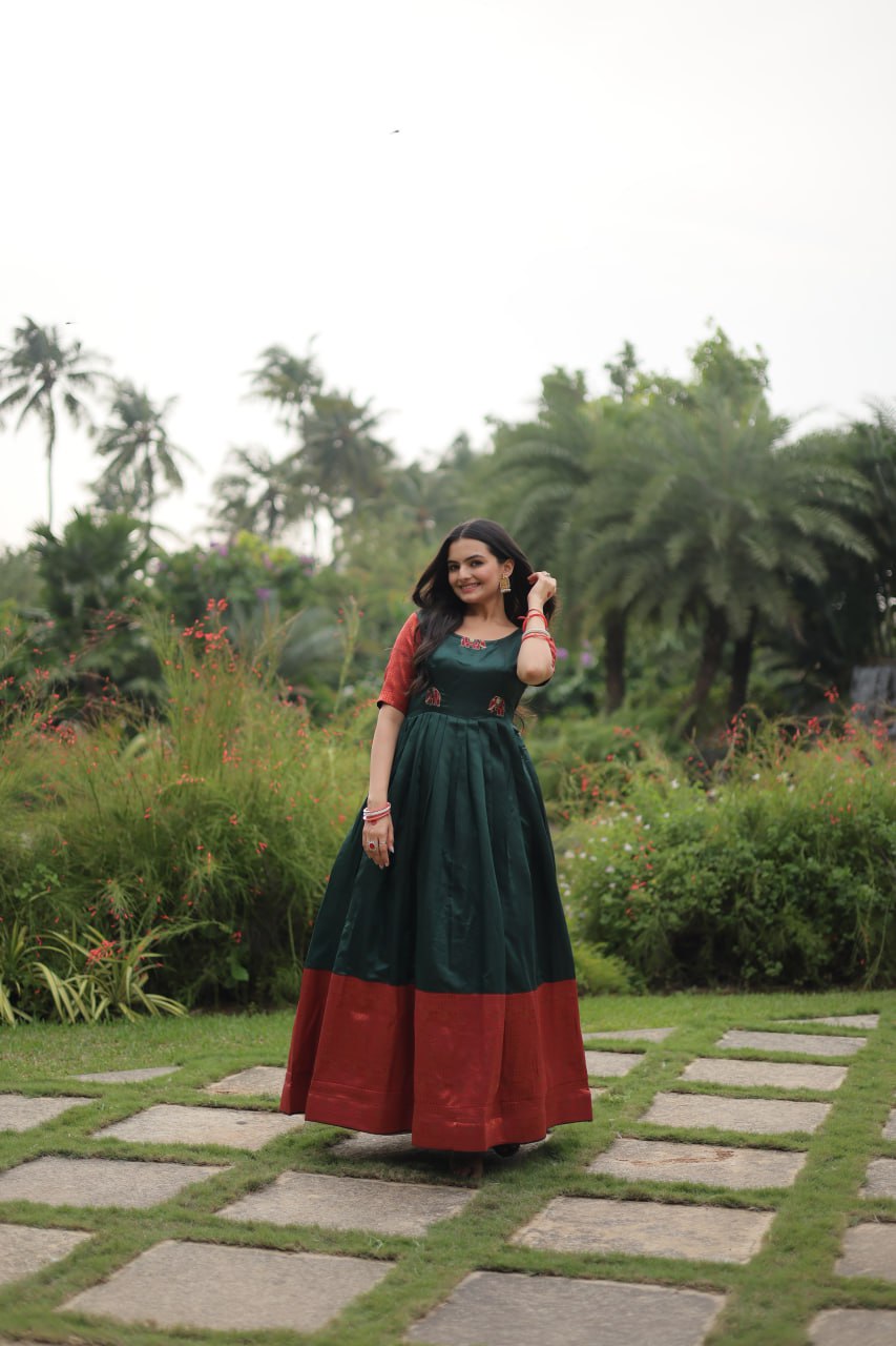 "Exquisite Banarasi Jacquard Silk Designer Gown - Adjustable Size, Half Sleeves, Round-Neck - Green & Maroon Options Available"