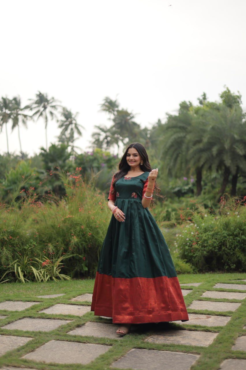 "Exquisite Banarasi Jacquard Silk Designer Gown - Adjustable Size, Half Sleeves, Round-Neck - Green & Maroon Options Available"