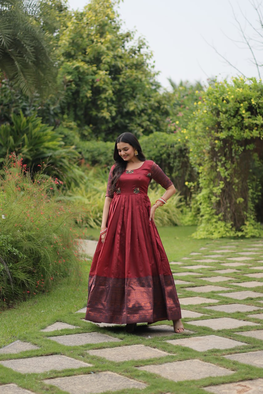 "Exquisite Banarasi Jacquard Silk Designer Gown - Adjustable Size, Half Sleeves, Round-Neck - Green & Maroon Options Available"