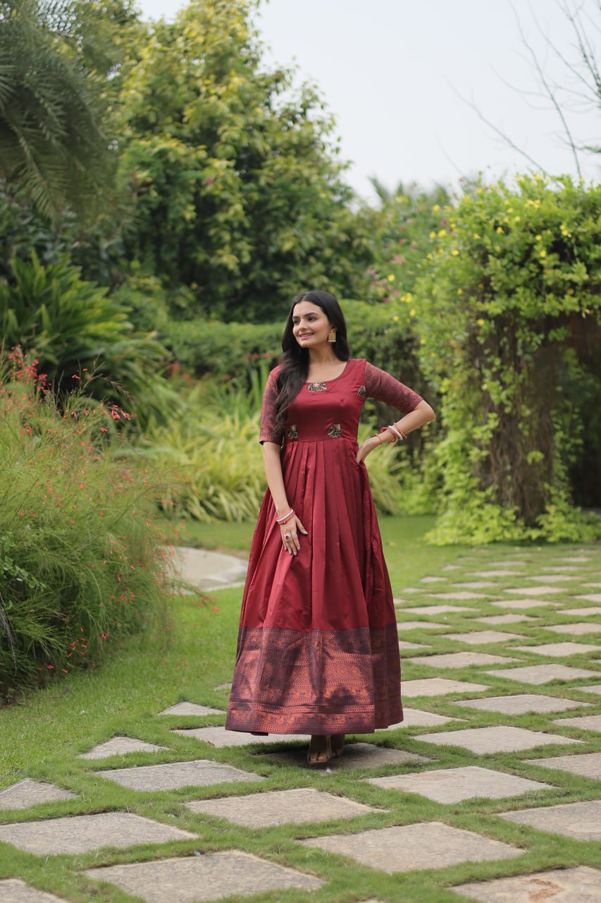 "Exquisite Banarasi Jacquard Silk Designer Gown - Adjustable Size, Half Sleeves, Round-Neck - Green & Maroon Options Available"