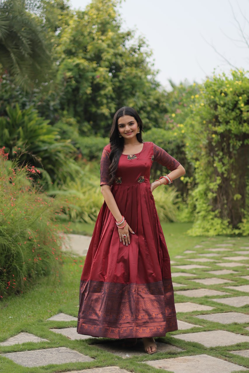 "Exquisite Banarasi Jacquard Silk Designer Gown - Adjustable Size, Half Sleeves, Round-Neck - Green & Maroon Options Available"