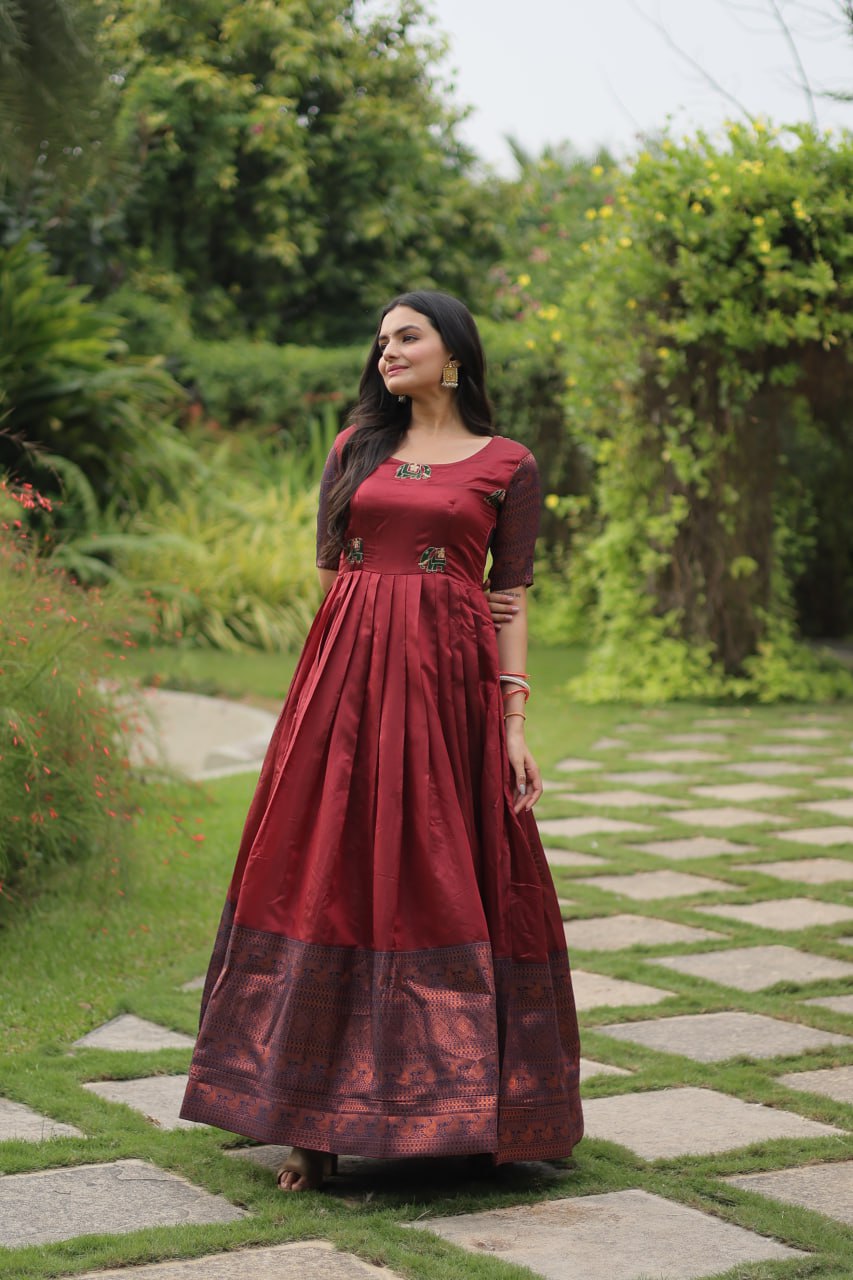 "Exquisite Banarasi Jacquard Silk Designer Gown - Adjustable Size, Half Sleeves, Round-Neck - Green & Maroon Options Available"