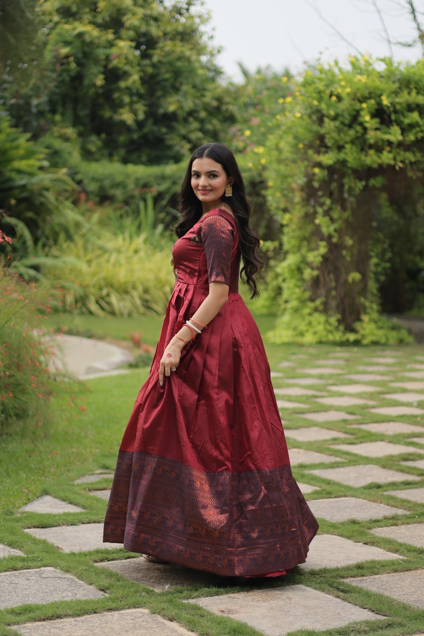 "Exquisite Banarasi Jacquard Silk Designer Gown - Adjustable Size, Half Sleeves, Round-Neck - Green & Maroon Options Available"