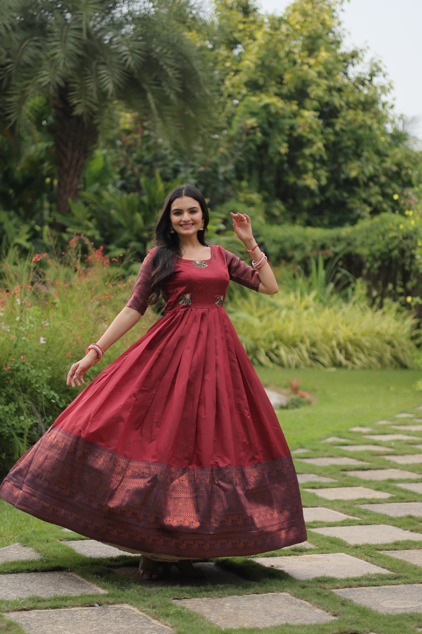 "Exquisite Banarasi Jacquard Silk Designer Gown - Adjustable Size, Half Sleeves, Round-Neck - Green & Maroon Options Available"