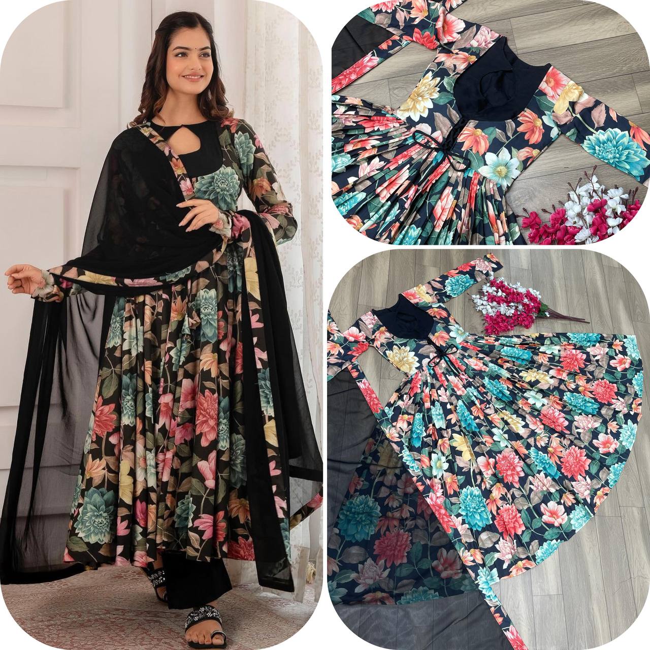 "Floral Elegance: Chent Crepe Digital Print Gown with Fox Georgette Dupatta"