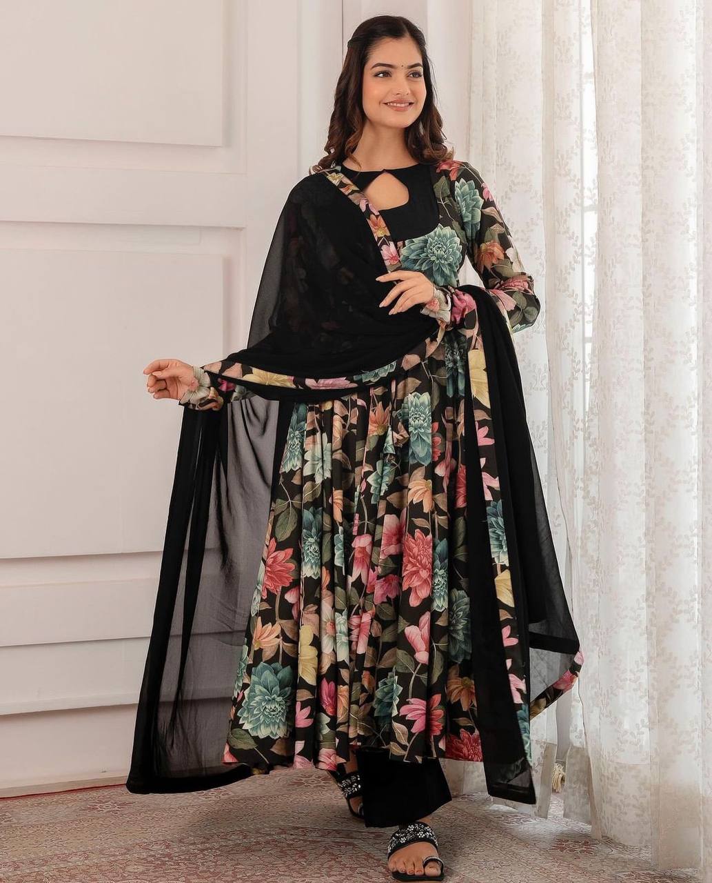 "Floral Elegance: Chent Crepe Digital Print Gown with Fox Georgette Dupatta"