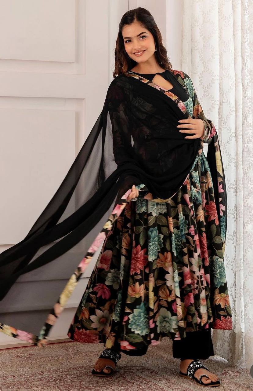 "Floral Elegance: Chent Crepe Digital Print Gown with Fox Georgette Dupatta"