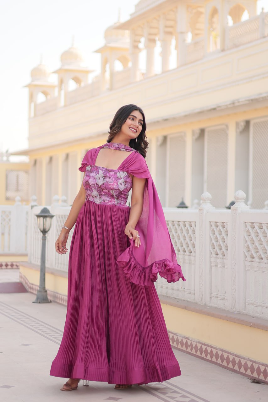 Elegant Position Print Work Chinnon Crush Pleating Fancy Balloon Sleeves Gown with Dupatta