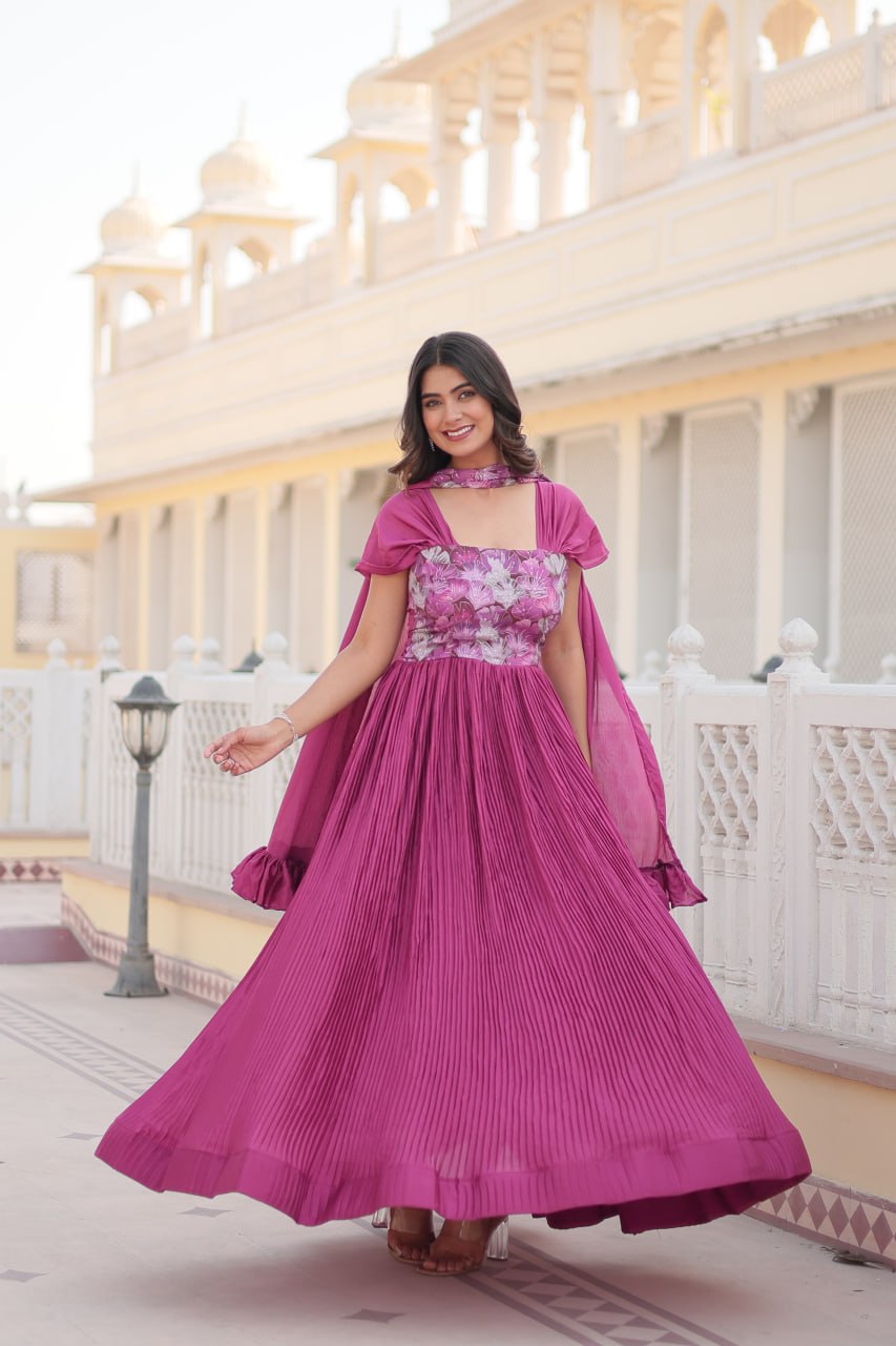 Elegant Position Print Work Chinnon Crush Pleating Fancy Balloon Sleeves Gown with Dupatta