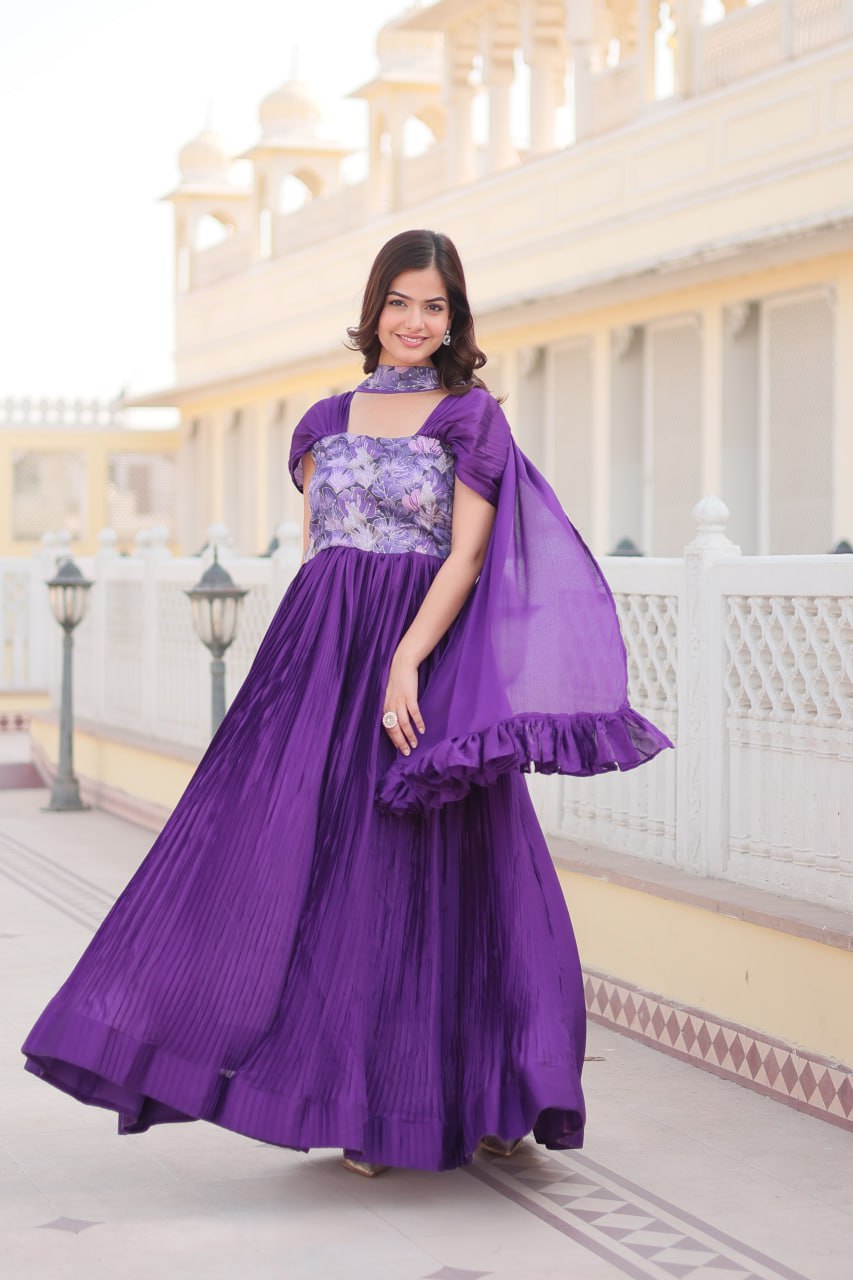 Elegant Position Print Work Chinnon Crush Pleating Fancy Balloon Sleeves Gown with Dupatta