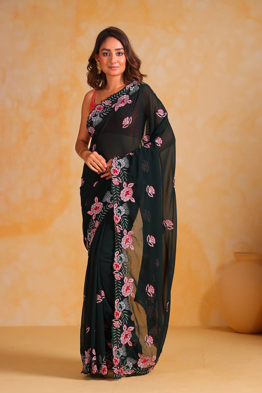 Women's Beautiful Embroidery Work & Cutwork Border Georgette Silk Saree With Contrast Mono Silk Blouse