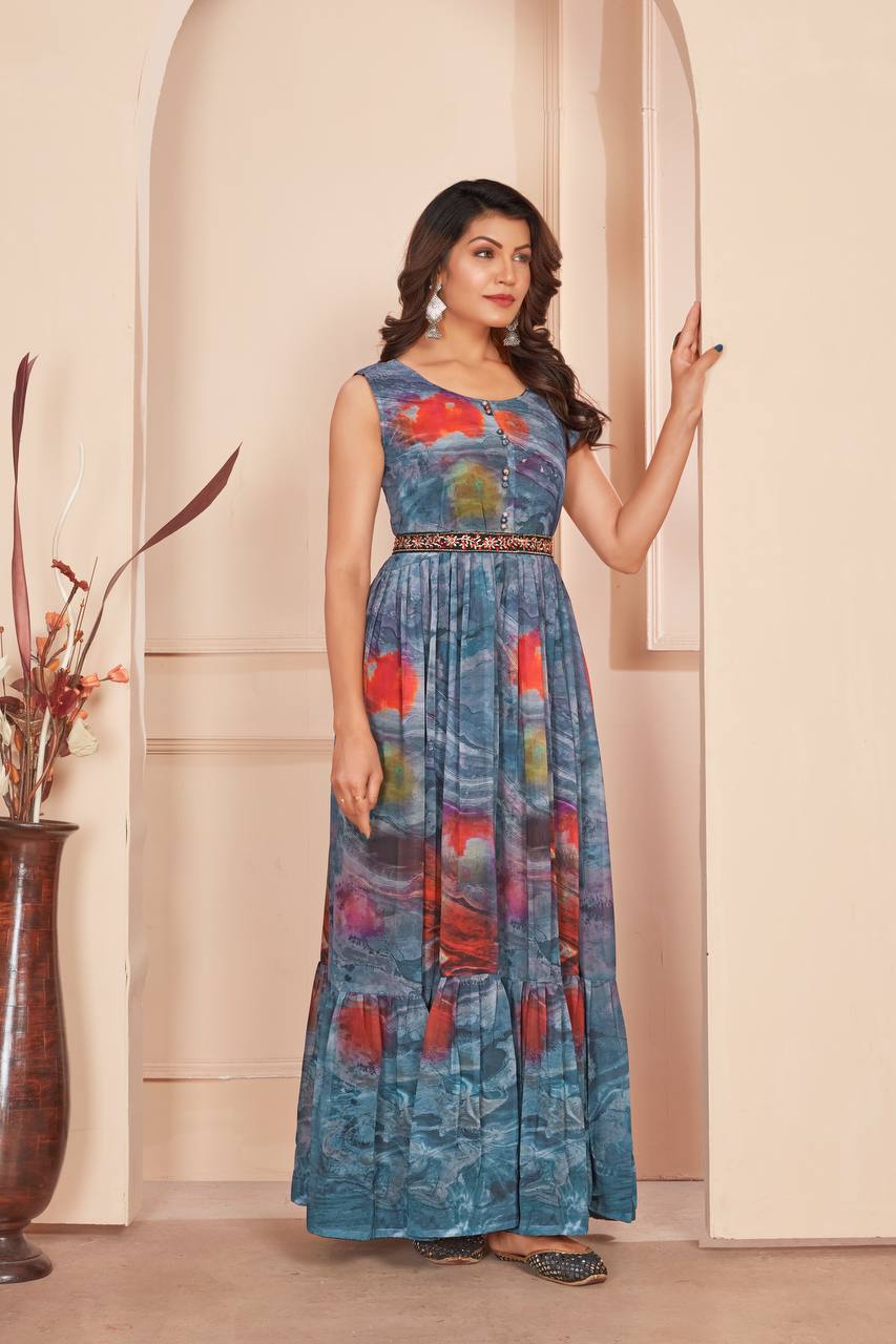 Digital Print Gown with Embroidered Waist Belt