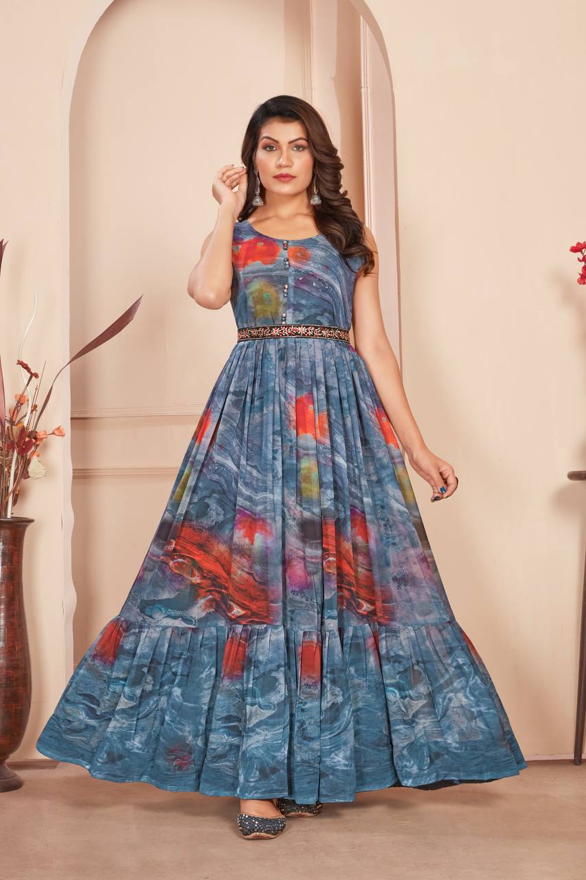 Digital Print Gown with Embroidered Waist Belt