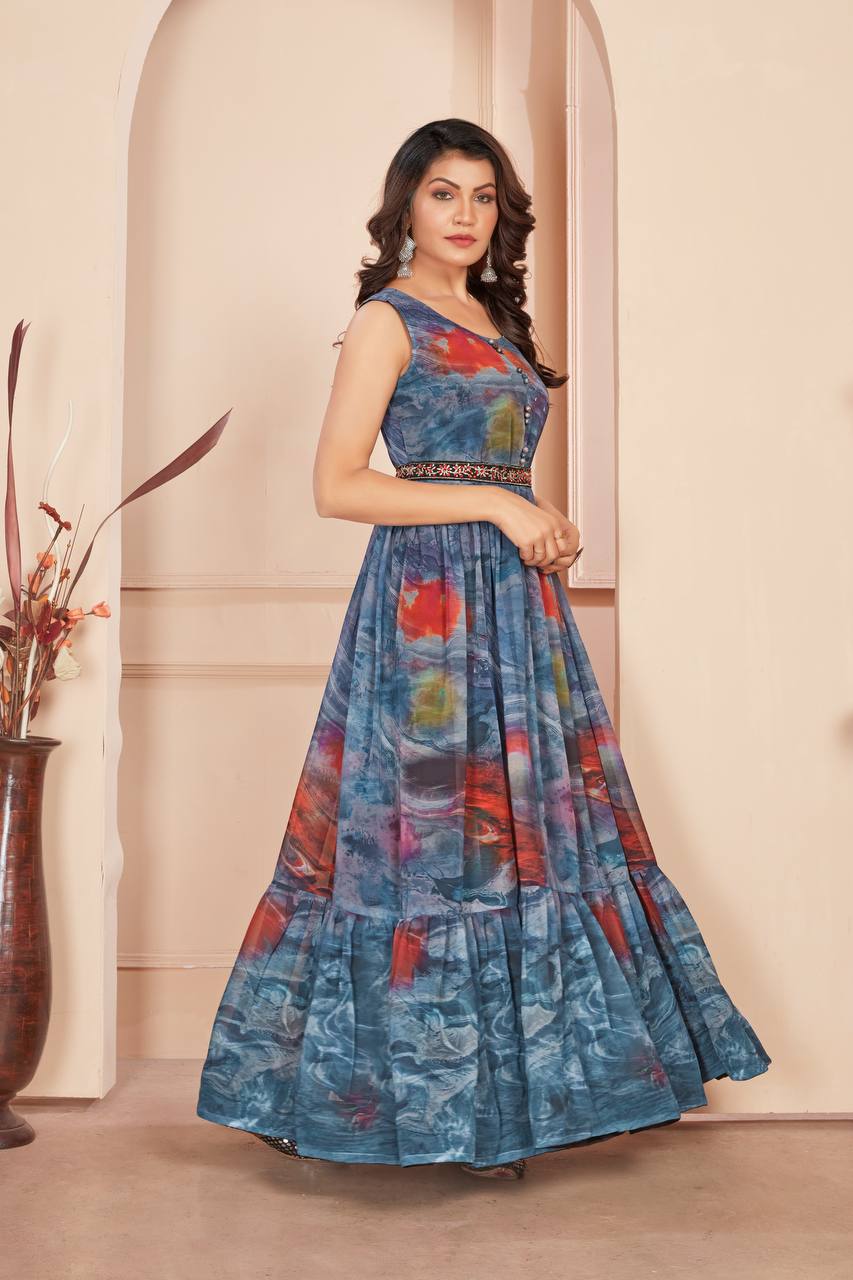 Digital Print Gown with Embroidered Waist Belt