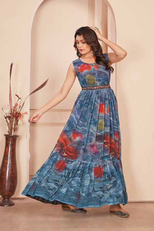 Digital Print Gown with Embroidered Waist Belt