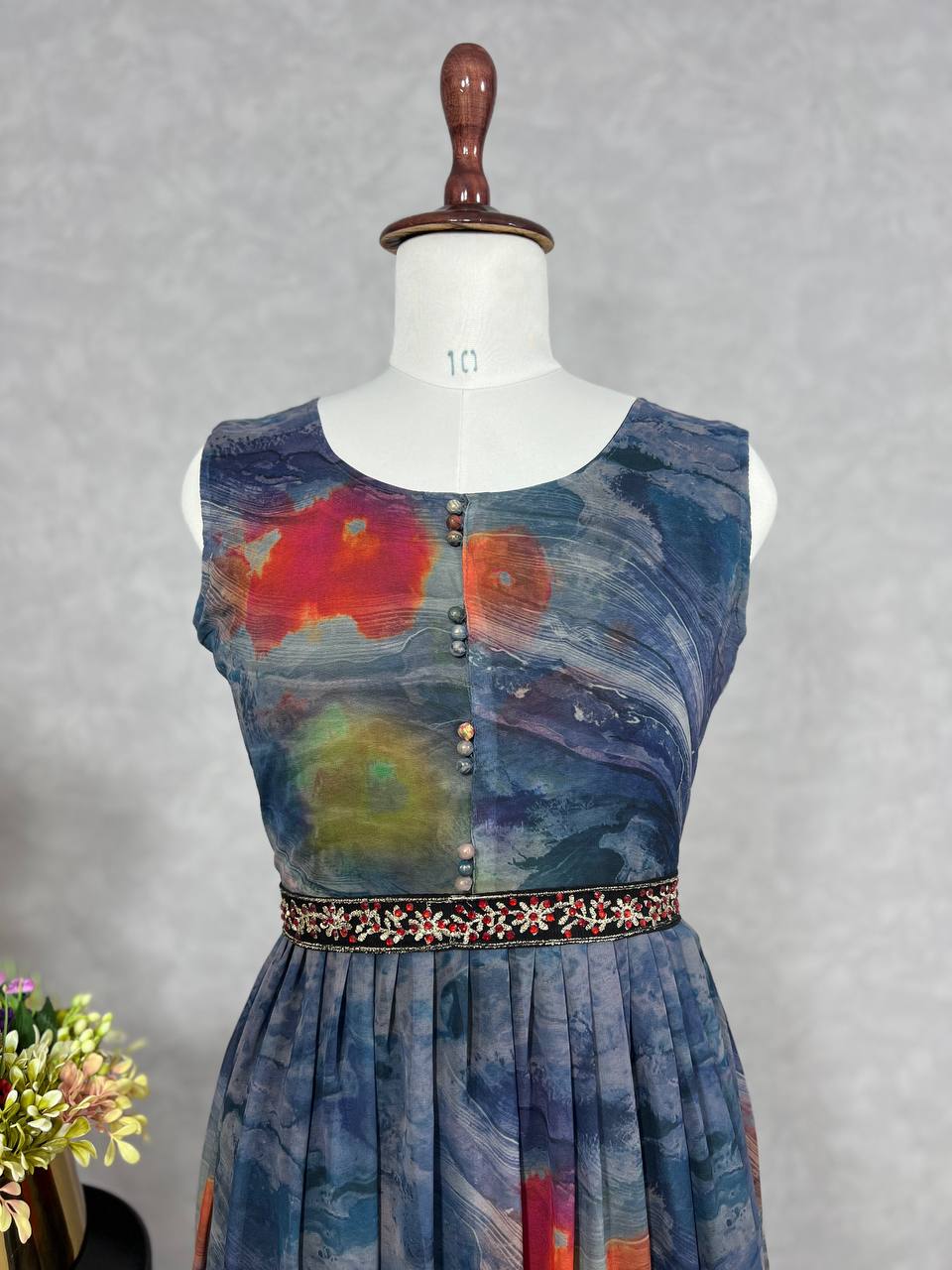 Digital Print Gown with Embroidered Waist Belt