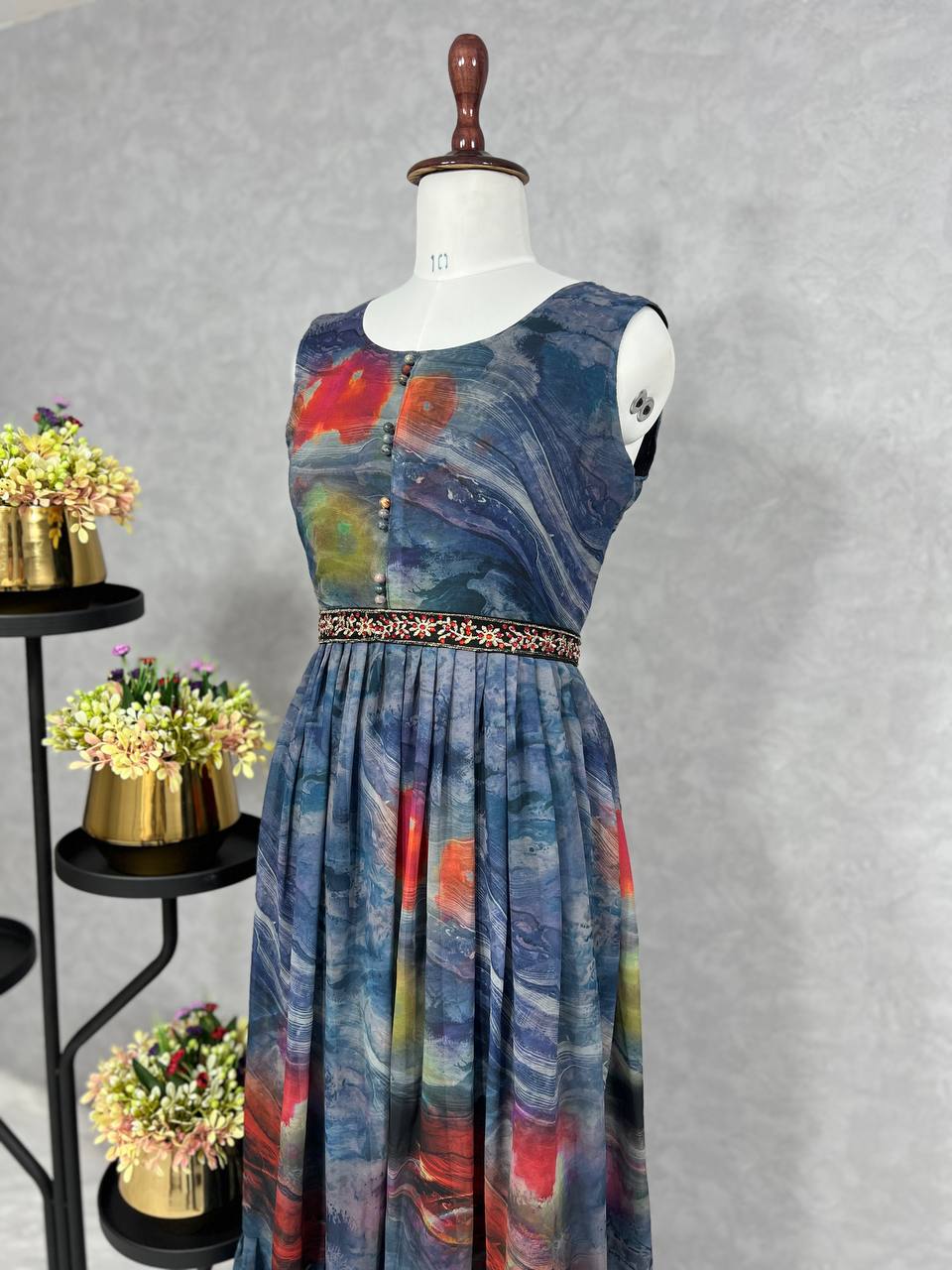 Digital Print Gown with Embroidered Waist Belt