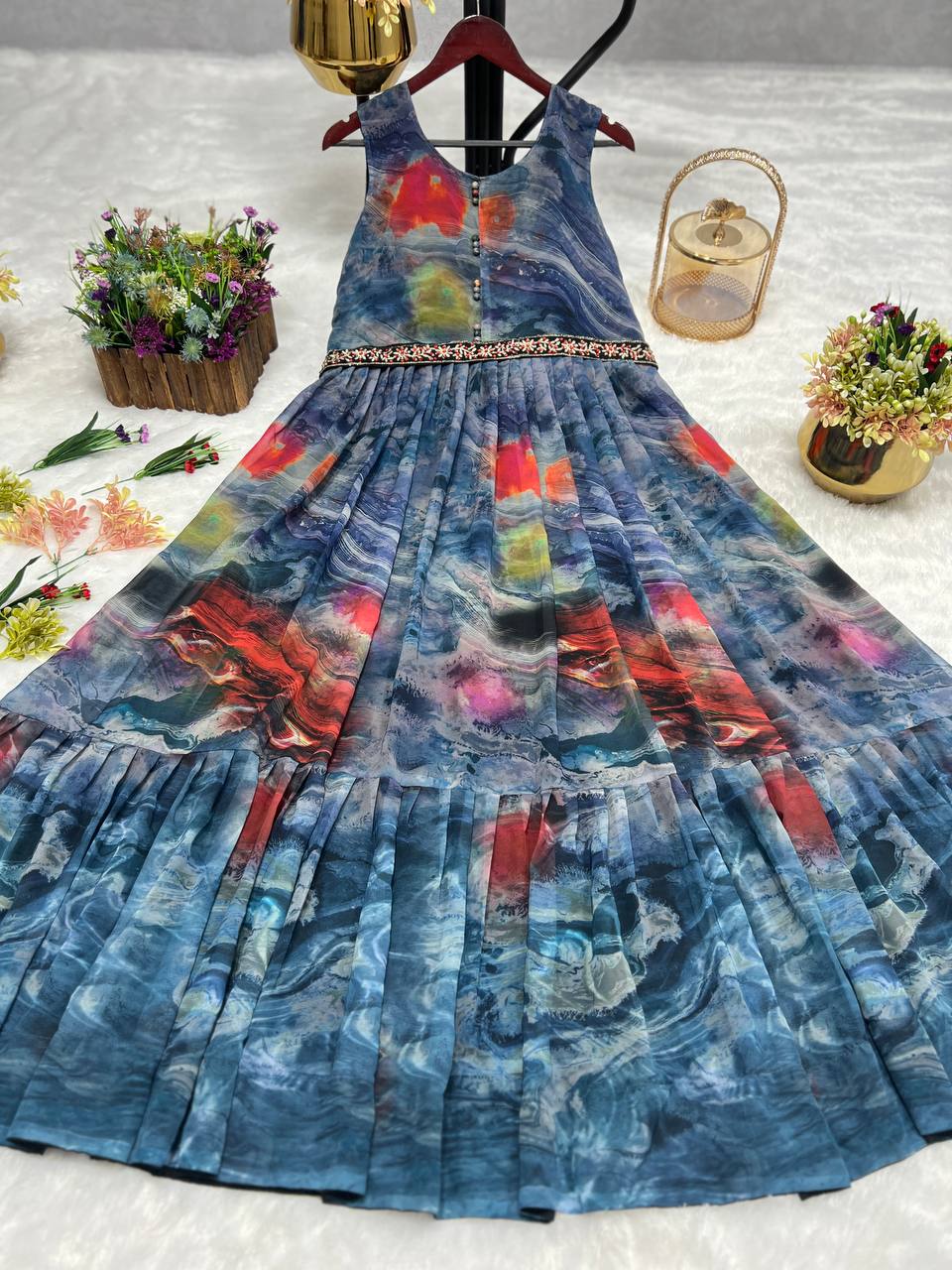 Digital Print Gown with Embroidered Waist Belt