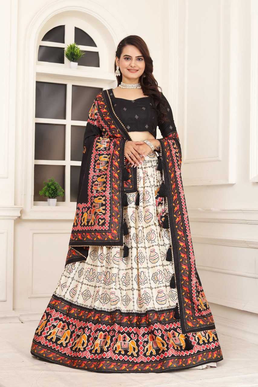 Women's Beautiful Bandhani & Patola Prints Tussar Silk Lehenga Choli Set