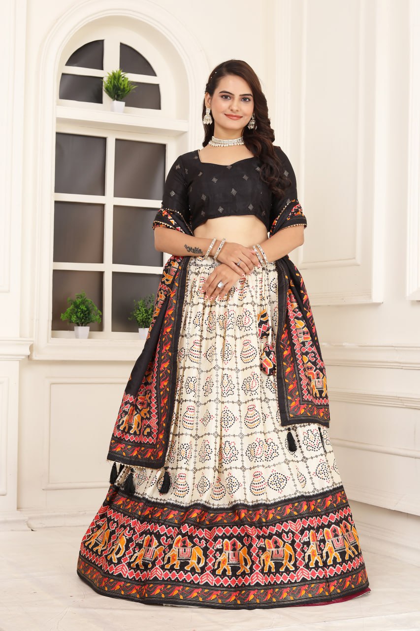 Women's Beautiful Bandhani & Patola Prints Tussar Silk Lehenga Choli Set