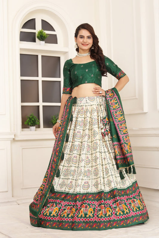 Women's Beautiful Bandhani & Patola Prints Tussar Silk Lehenga Choli Set