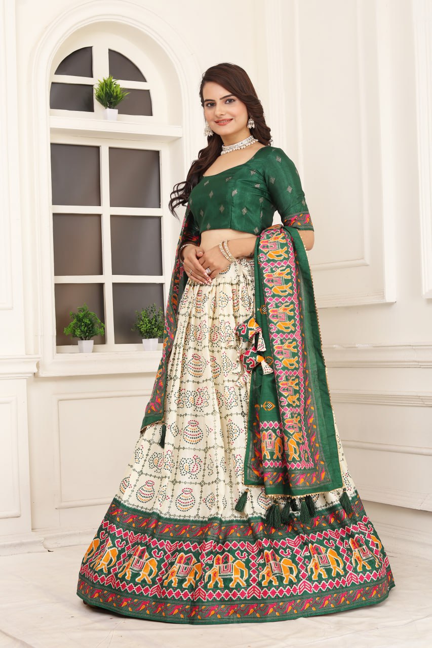 Women's Beautiful Bandhani & Patola Prints Tussar Silk Lehenga Choli Set