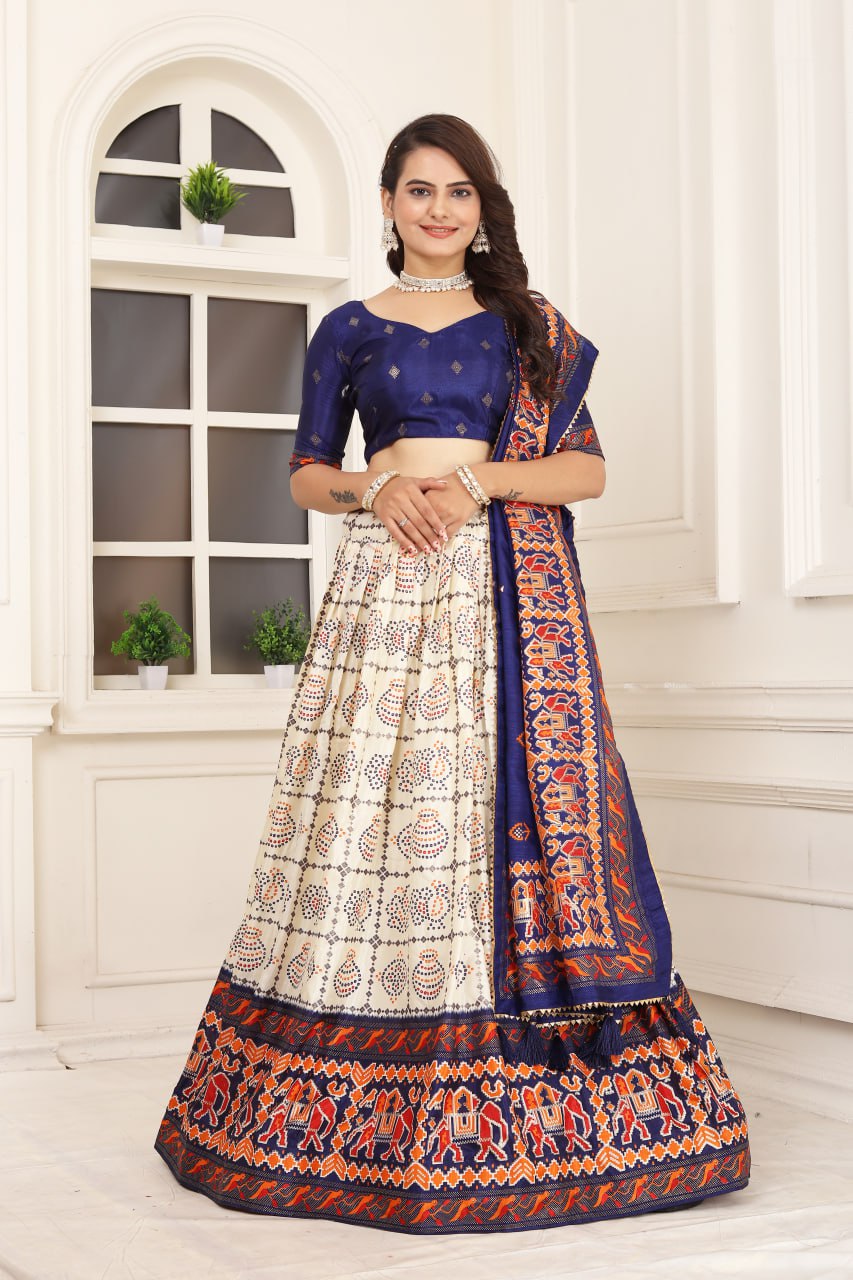 Women's Beautiful Bandhani & Patola Prints Tussar Silk Lehenga Choli Set