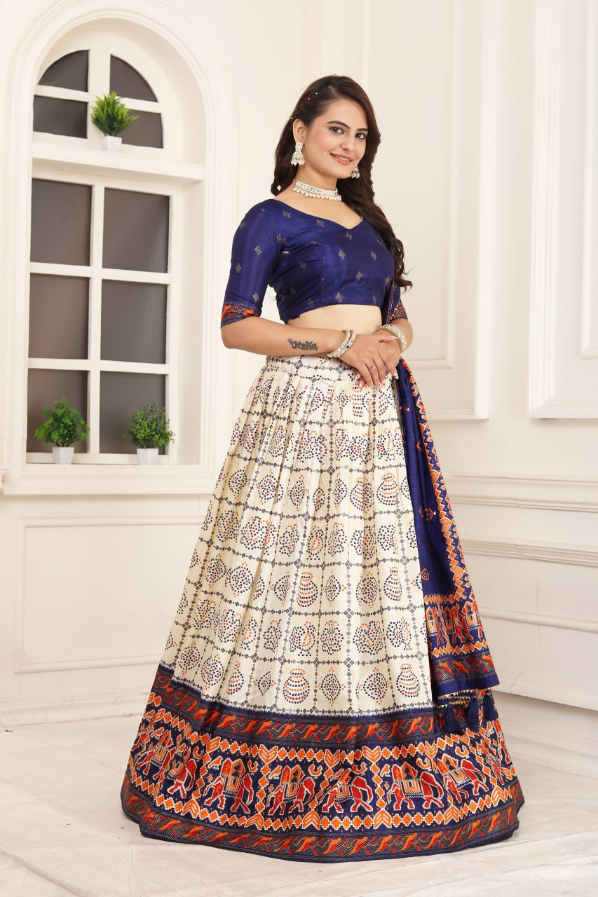 Women's Beautiful Bandhani & Patola Prints Tussar Silk Lehenga Choli Set