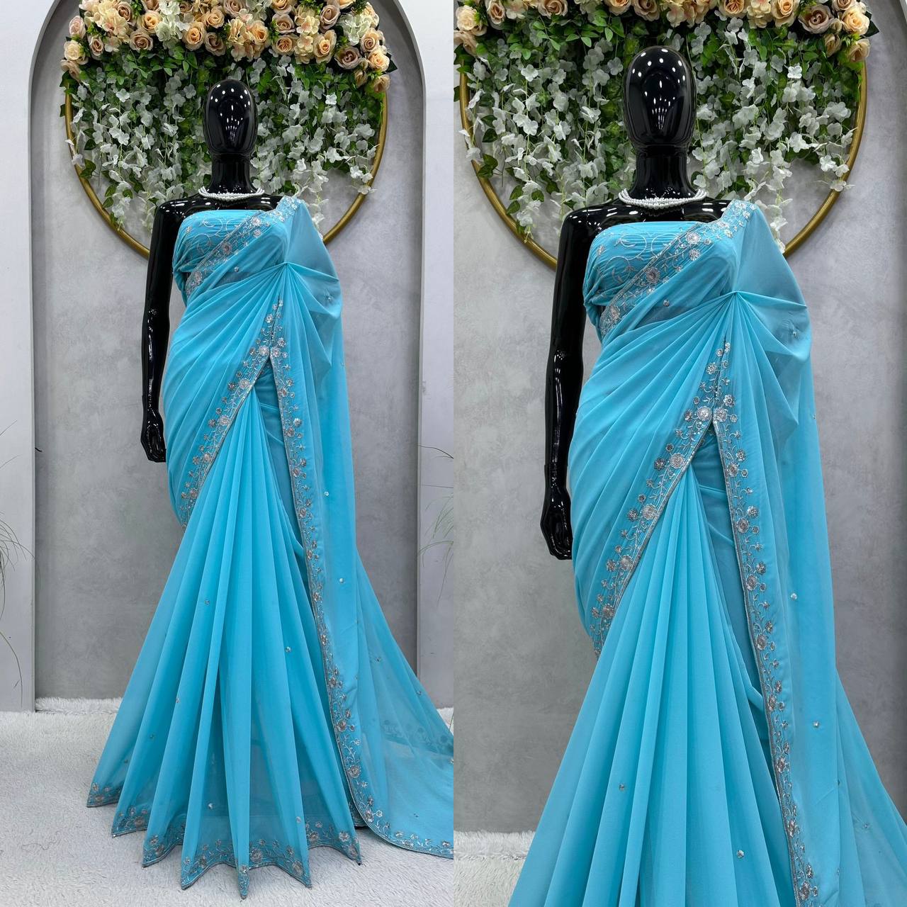 Women's Beautiful Thread & Sequence Work Cyan Blue Faux Georgette Designer Saree With Blouse