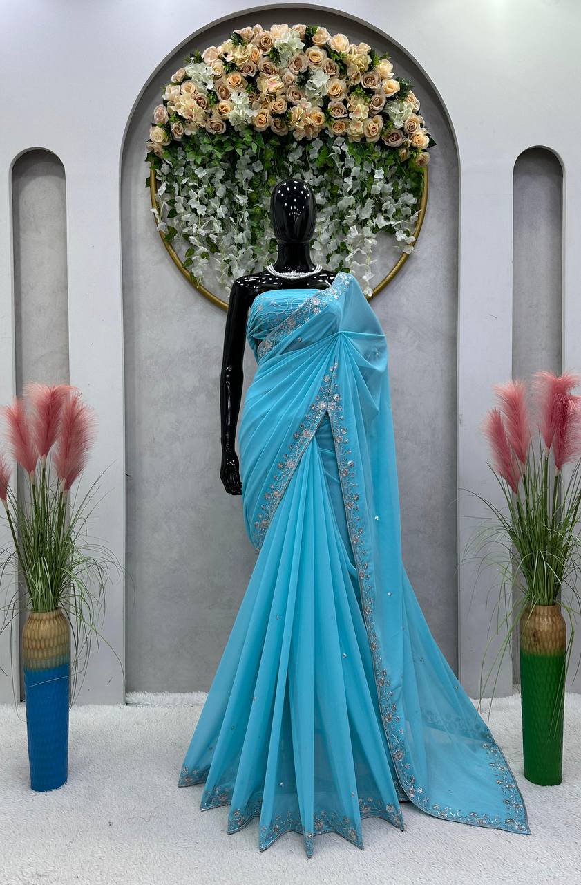 Women's Beautiful Thread & Sequence Work Cyan Blue Faux Georgette Designer Saree With Blouse