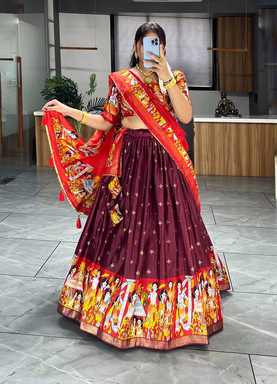 Women's Beautiful Foil Work Border Soft Dola Silk Kathak Kalamkari Lehenga Choli Set