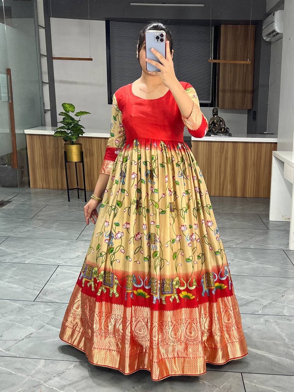 "Exquisite Kalamkari Silk Gown: Adjustable, Viscose Weave Border, Free Size"