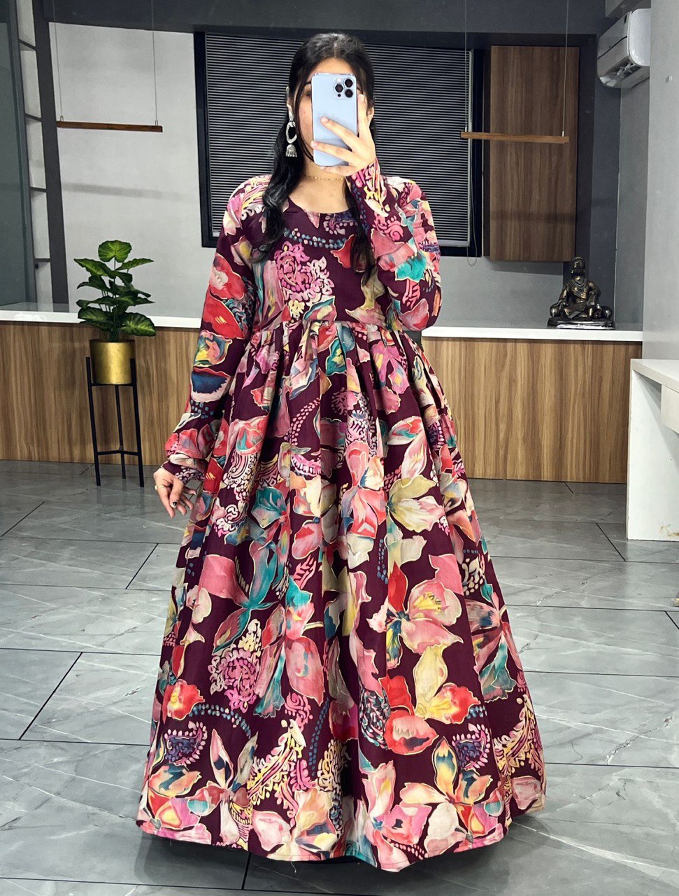 Pure Viscose Foil Print Chanderi Floral Gown