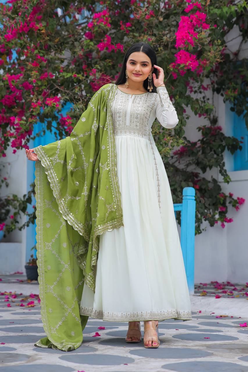 Women's Beautiful Embroidery Sequins Work Chinon Silk Anarkali White Colour Gown With Dupatta