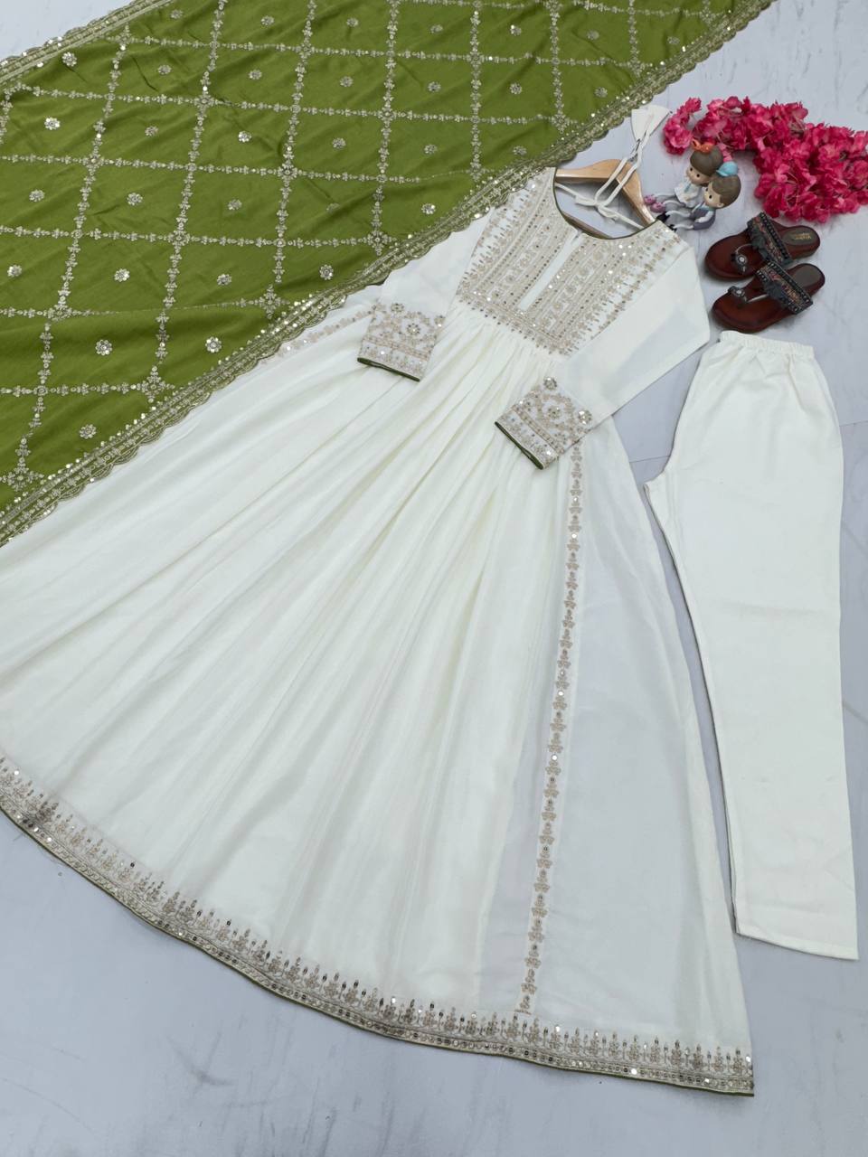 Women's Beautiful Embroidery Sequins Work Chinon Silk Anarkali White Colour Gown With Dupatta