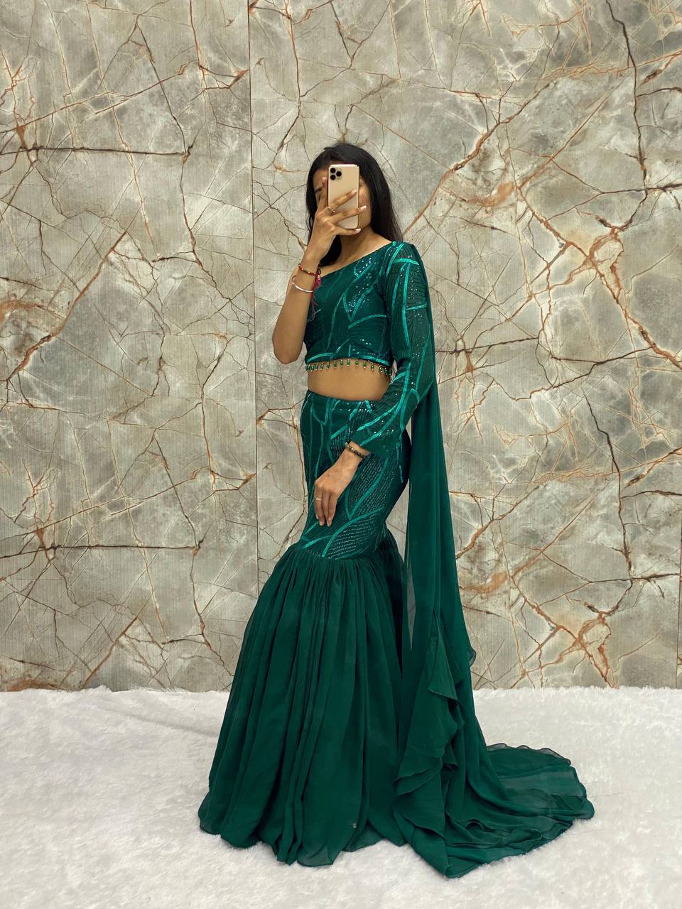 Boutique Style New Fancy Party Wear Faux Georgette Sequence Work  Ruffle Lehenga Set