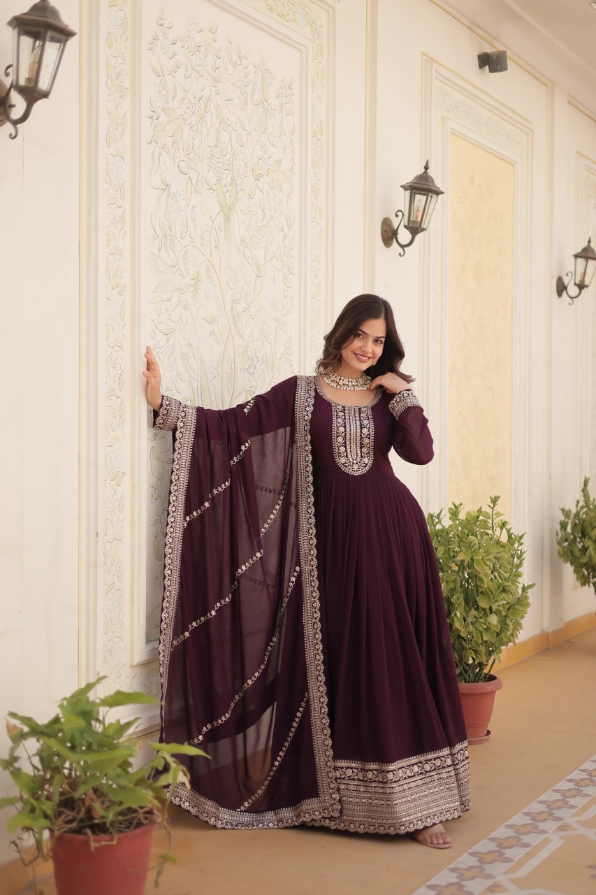 Embroidered Sequins Work Faux Blooming Gown with Dupatta